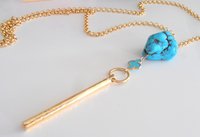 Natural Turquoise Blue Gemstone Necklace, Vermeil Clover Bar Long Necklace, Statement Bohemian Layering Jewelry, Birthday Gift for her