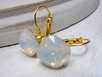 White Opal Cushion Cut Earrings / Bridesmaids Gold Dangle&Drop Leverback Earrings / Bridal Wedding Jewelry For Her