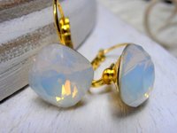 White Opal Cushion Cut Earrings / Bridesmaids Gold Dangle&Drop Leverback Earrings / Bridal Wedding Jewelry For Her