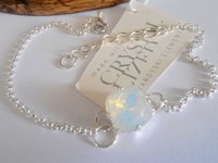 White Opal Chain Foot Anklet with Cushion Cut Crystals / Sandal Anklets / Silver Summer Body Jewelry / Beach Bare Foot Bracelet