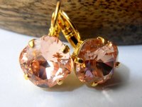 Peach Rose Cushion Cut Crystal Earrings 4470 12mm, Gold Jewelry, Square Lever back, Birthday Gift