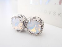 White Opal Stud Earrings with Austrian Crystals in Platinum | Art Deco Style Jewelry