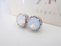 White Opal Stud Earrings with Austrian Crystals in Platinum | Art Deco Style Jewelry