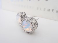 White Opal Stud Earrings with Austrian Crystals in Platinum | Art Deco Style Jewelry