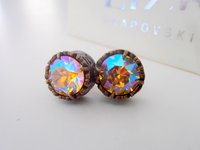 Light Topaz Shimmer Rhinestone Post Earrings / Antique Bronze Jewelry / Crystal Studs Pierced / Women Birthday Gift