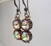 Luminous Green Bronze Drop Earrings with  Crystals / Art deco Fancy Jewelry / Birthday Gift / Vintage Dangle Hooks /