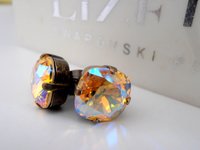 Light Topaz Shimmer Cushion Cut Earrings with  Crystals 4470 / 10mm Antique Bronze Studs / Post Pierced Dainty Jewelry / Birthday