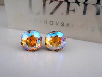 Light Topaz Shimmer Cushion Cut Earrings with  Crystals 4470 / 10mm Antique Bronze Studs / Post Pierced Dainty Jewelry / Birthday