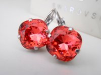 Padparadscha Cushion Cut Earrings 4470 / Lever back Dangle & Drop Crystal Jewelry 12mm / Bohemian Birthday Gift