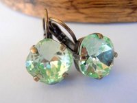 Chrysolite Bronze Earrings with Square Green Crystals / Lever back Cushion Cut Dangle Setting 4470 12mm / Antique Jewelry / Birthday