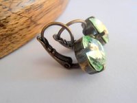 Chrysolite Bronze Earrings with Square Green Crystals / Lever back Cushion Cut Dangle Setting 4470 12mm / Antique Jewelry / Birthday