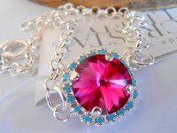 Turquoise Fuchsia Micro Pave Chain Bracelet with Rivoli Crystal / Women Everyday Silver Jewelry / Mother's Day Gift