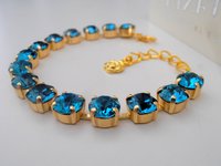 Blue Zircon Tennis Gold Cup chain Bracelet, Prom Party Jewelry, Crystal Chatons SS39, Chain & Link, Women Birthday Gift