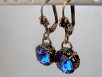 Blue Sapphire Crystal Earrings in Bronze, Antique Filigree Jewelry, Dangle & Drop Lever back Earrings, Vintage Mother's Day Gifts