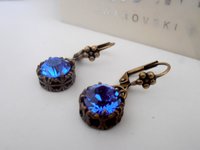 Blue Sapphire Crystal Earrings in Bronze, Antique Filigree Jewelry, Dangle & Drop Lever back Earrings, Vintage Mother's Day Gifts