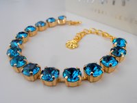 Blue Zircon Tennis Gold Cup chain Bracelet, Prom Party Jewelry, Crystal Chatons SS39, Chain & Link, Women Birthday Gift