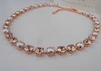 Rose Gold Pearl Graduate Crystal Necklace, Bridal Tennis Choker, Jewelry for Wedding day, Wife Anniversary Gift, Cup chain Collet