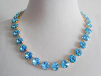 Aquamarine Blue Necklace with Rivoli Crystals, Rivoli Choker, Wedding Jewelry, Gold Cup Chain Collet 1122, Women Birthday Gift