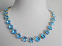 Aquamarine Blue Necklace with Rivoli Crystals, Rivoli Choker, Wedding Jewelry, Gold Cup Chain Collet 1122, Women Birthday Gift