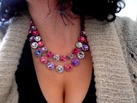 Anna Wintour Necklace, Double Strand, Fuchsia Rivoli Multi-colors, Antique Copper Jewelry, Bib Tennis Collet, Women Crystal Choker