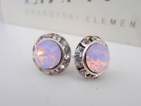 Rose water opal Halo Stud Earrings / Statement woman Jewelry / Rhinestone Crystal Post Earrings / Silver Pierced / Girlfriend Gift