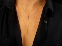 Gold Filled Long Vertical Bar Necklace / Minimalist Pave Pendant / Dainty Layering Jewelry / Birthday Prom Gift for Woman