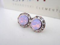 Rose water opal Halo Stud Earrings / Statement woman Jewelry / Rhinestone Crystal Post Earrings / Silver Pierced / Girlfriend Gift