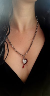 Ruby Heart Charm Necklace in Antique Silver, Bohemian Long Chain Pendant, Women Zamak Crystal Jewelry, Love Gift for her