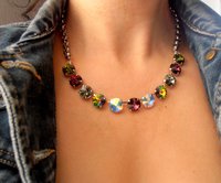 Multi-colors Crystal Necklace made with Rivoli Crystals, Collet Choker, Women Statement Jewelry, Girls Birthday gift, Prom