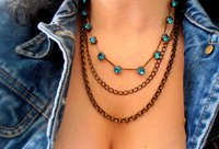 Indicolite Blue Long Chain Necklace, Multi Strand Antique Bronze Layered Jewelry, Birthday gift