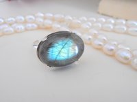 Natural Labradorite Sterling Silver Adjustable Ring 925 / Blue Gemstone Jewelry / Oval 13x18mm Gray Stone / Statement Mother's Day Gift