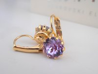 Lilac Violet Gold Drop French Crown Earrings / Bridal Victorian Jewelry / Lever back Round Setting 8mm / Women's Gift