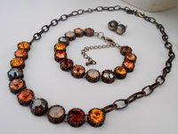 Brown Multicolors Art deco Style Necklace, Bronze Jewelry, Antique Crystal Choker, Round Filigree Round, Women Christmas Gift