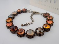 Brown Multicolors Filigree Bracelet made with Crystal Chatons / Antique Bronze Art Deco Jewelry / Round 10mm / Birthday Gift