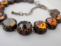 Brown Multicolors Filigree Bracelet made with Crystal Chatons / Antique Bronze Art Deco Jewelry / Round 10mm / Birthday Gift