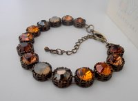 Brown Multicolors Filigree Bracelet made with Crystal Chatons / Antique Bronze Art Deco Jewelry / Round 10mm / Birthday Gift