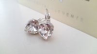 Diamond Clear Heart Earrings with Fancy Cut Crystals / Valentine's Day Gift / Drop Lever-back Silver Setting 11x10mm