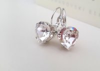 Diamond Clear Heart Earrings with Fancy Cut Crystals / Valentine's Day Gift / Drop Lever-back Silver Setting 11x10mm