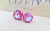 Lotus Pink DeLite Crystal Rivoli Stud Earrings 12mm, Antique Silver Jewelry, Mum Christmas Gift, Pierced Post Setting