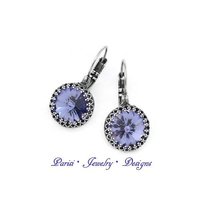 Tanzanite Blue Crown Bezel Earrings with Rivoli Crystals 14mm / Lever-back Antique Silver 14mm / Birthday gift