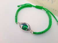 Green Evil Eye Crystal Macrame Adjustable Bracelet • Fern Green Crystal 4775 • Silver Cabochon Women Jewelry