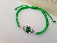 Green Evil Eye Crystal Macrame Adjustable Bracelet • Fern Green Crystal 4775 • Silver Cabochon Women Jewelry