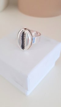 Silver Cowrie Shell Cuff Ring • Cauri Adjustable Statement Band • Women Bohemian Jewelry • Oval 13x18mm • Birthday Gift