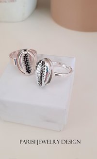 Silver Cowrie Shell Cuff Ring • Cauri Adjustable Statement Band • Women Bohemian Jewelry • Oval 13x18mm • Birthday Gift