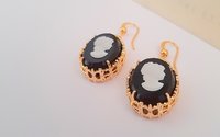 Black Cameo Crystal Drop Bridgerton Style Earrings, Victorian Czech Intaglio 3D, Regency Jewelry, Oval Filigree, Anniversary Gift