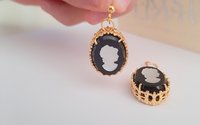 Black Cameo Crystal Drop Bridgerton Style Earrings, Victorian Czech Intaglio 3D, Regency Jewelry, Oval Filigree, Anniversary Gift