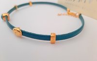 Turquoise Leather Choker Necklace with Teal Crystal, Gold Charm Summer Choker, Bohemian Everyday Jewelry, Unique Birthday Gift