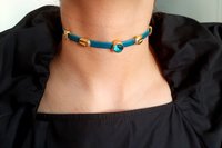 Turquoise Leather Choker Necklace with Teal Crystal, Gold Charm Summer Choker, Bohemian Everyday Jewelry, Unique Birthday Gift