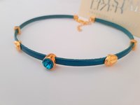 Turquoise Leather Choker Necklace with Teal Crystal, Gold Charm Summer Choker, Bohemian Everyday Jewelry, Unique Birthday Gift