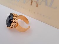 Jet Black & Gold Adjustable Band Ring  / Art Deco Cuff Ring / Jewelry / Oval Filigree 18x13mm / Anniversary Gift